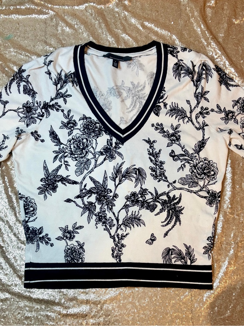 White House Black Market White V-Neck Floral Knit Top with Black Trim